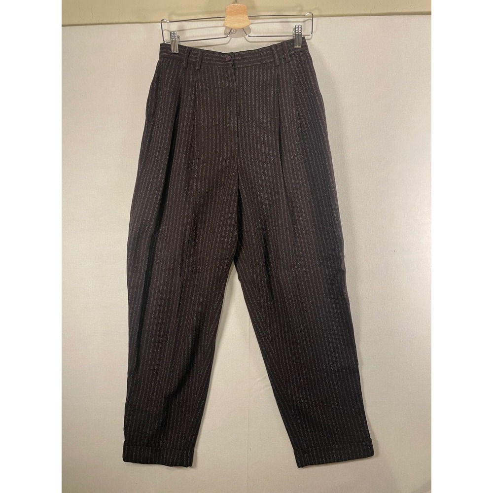 Vintage Express Pinstripe Pleated Trousers Brown High Rise Tapered Pants 9/10 - Picture 2 of 8